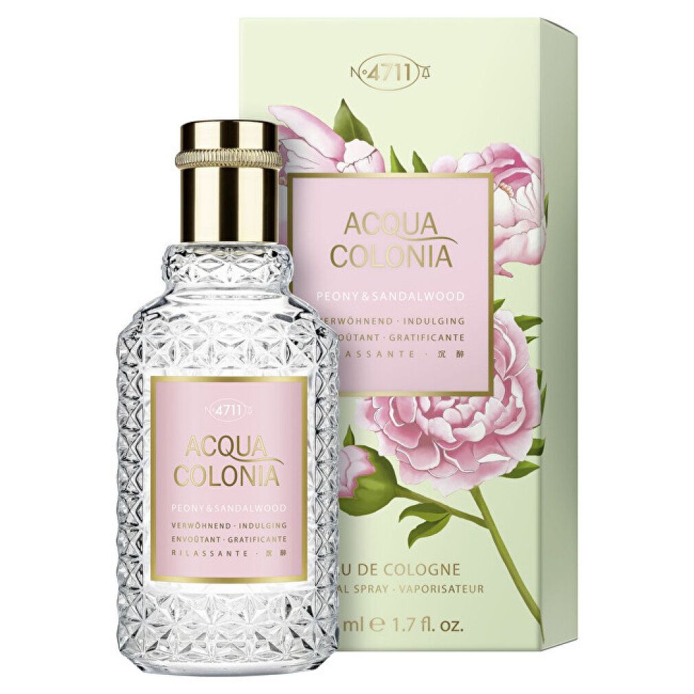 No.4711 Acqua Colonia, Peony & Sandalwood Eau de Cologne Flakon neben passender Geschenkbox.