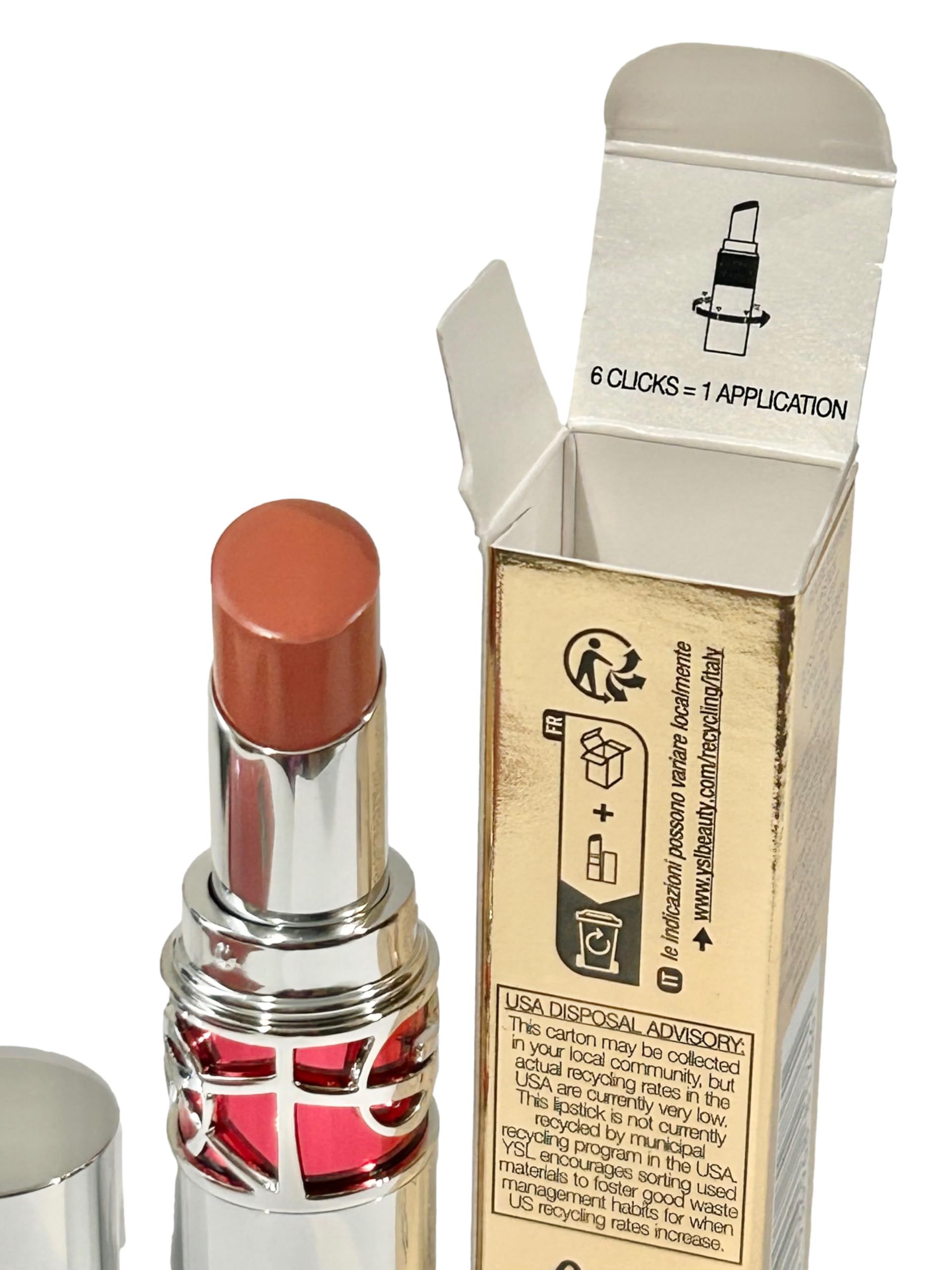 Geöffneter Lippenstift und Verpackung. Auf der Verpackung: 6 Klicks = 1 Anwendung. Recycling-Hinweise und YSL-Logo.