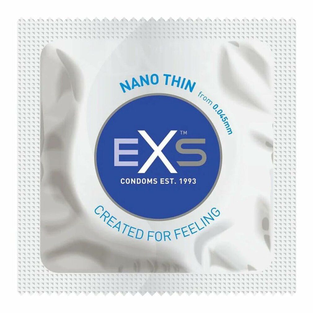 Einzelverpackung eines Kondoms. Aufschrift: EXS Nano Thin, Created for Feeling.