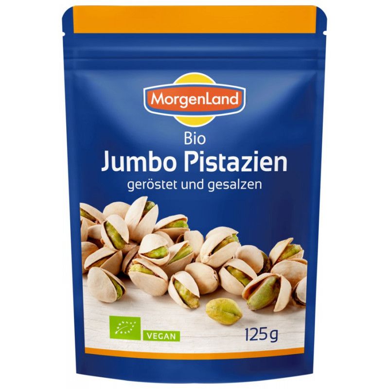 Dunkelblaue Verpackung mit Pistazien. MorgenLand-Logo, "Bio Jumbo Pistazien", geröstet und gesalzen. Vegan-Siegel und 125g.
