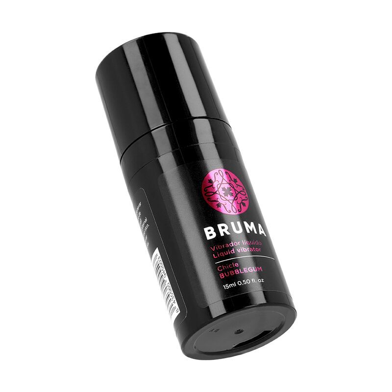 Schwarze Flasche mit "BRUMA" Logo, "Liquid Vibrator" und "Bubblegum" Aufschrift. 15ml.