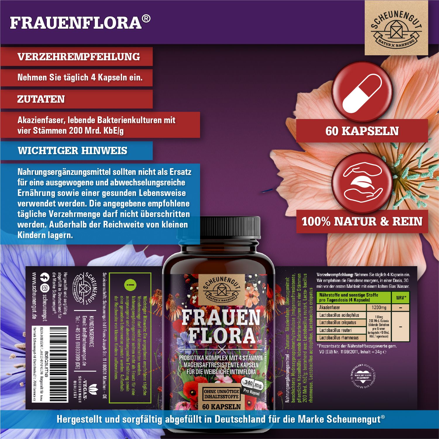 Scheunengut® FRAUENFLORA | Intimflora Komplex mit 4 Milchsäurebakterien | auch für den Akutfall