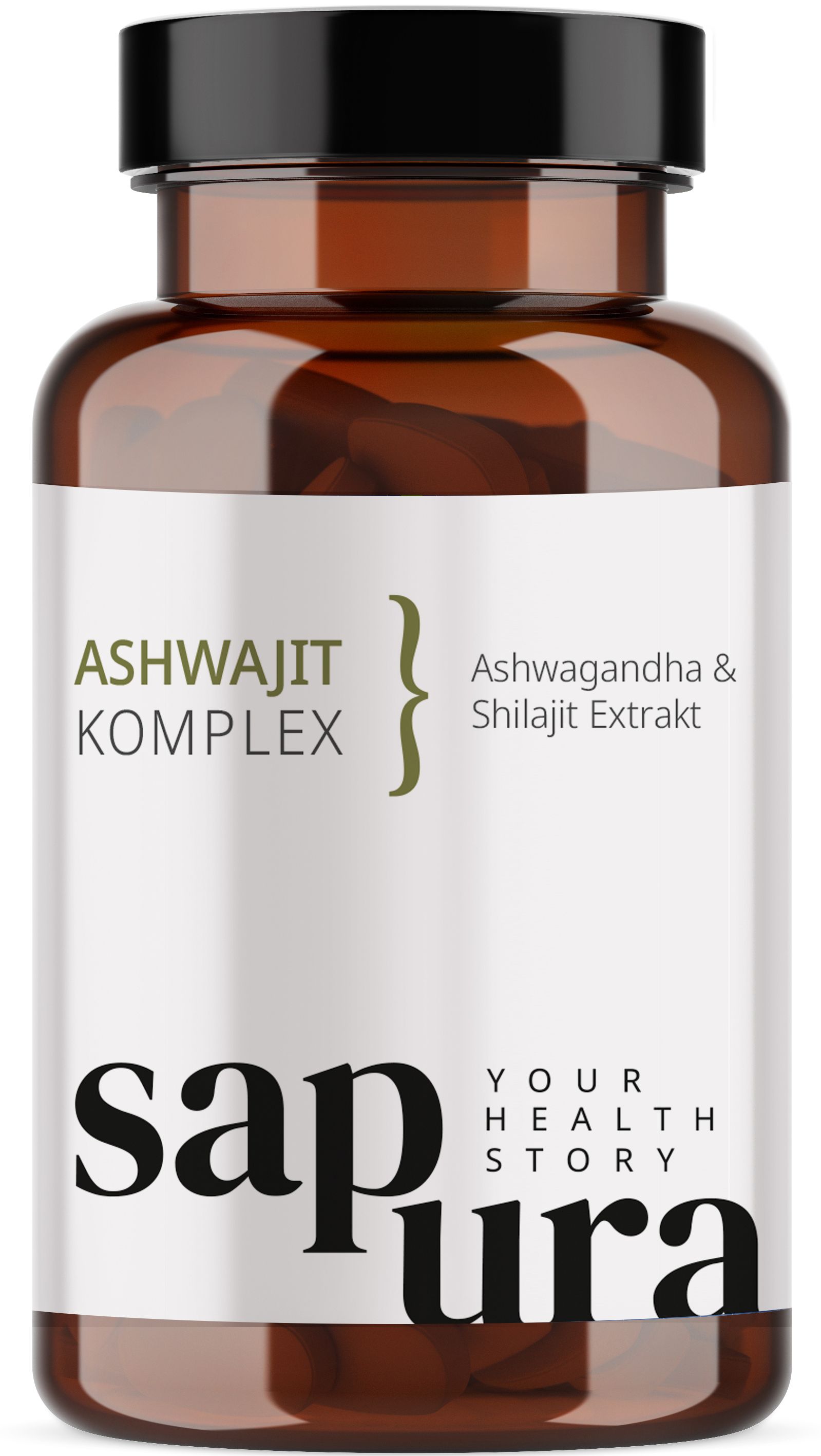 Braune Kapseln in einer braunen Glasflasche mit schwarzem Deckel. Weißes Etikett mit Text: Ashwajit Komplex, sapura.