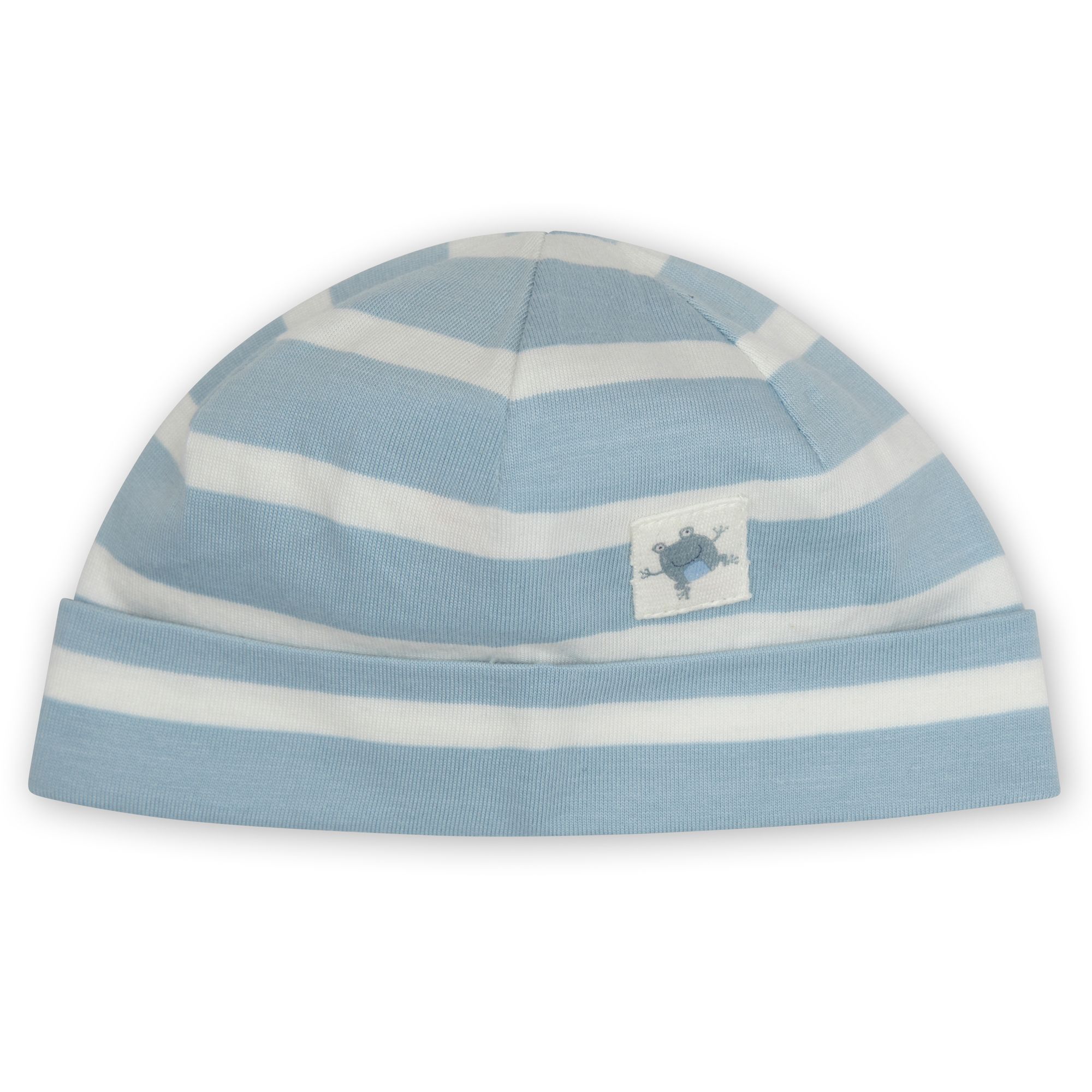 Hellblau-weiß gestreifte Mütze mit quadratischem Aufnäher. Aufnäher zeigt ein blaues Tier. Einfache Form.