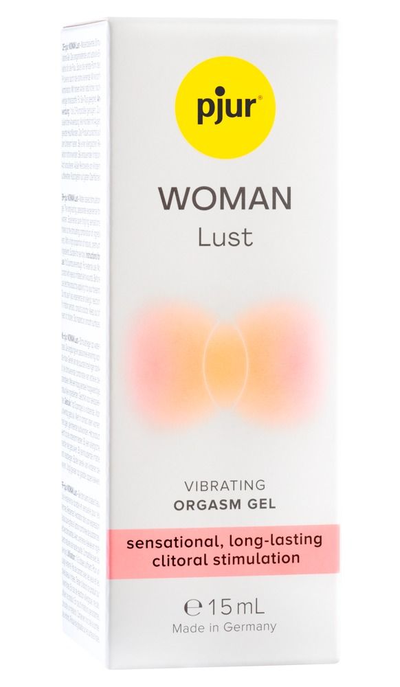 Produktverpackung. Aufschrift: pjur, WOMAN Lust, Vibrating Orgasmus Gel. Text: sensational, long-lasting clitoral stimulation. 15ml.