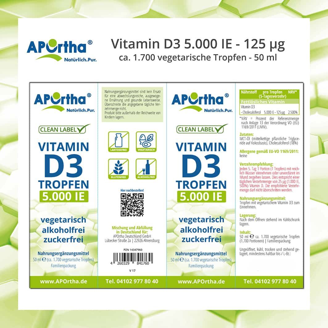 Produktverpackung mit Informationen: Vitamin D3, 5.000 IE, vegetarisch, alkoholfrei, zuckerfrei. QR-Code und Nährwertangaben.
