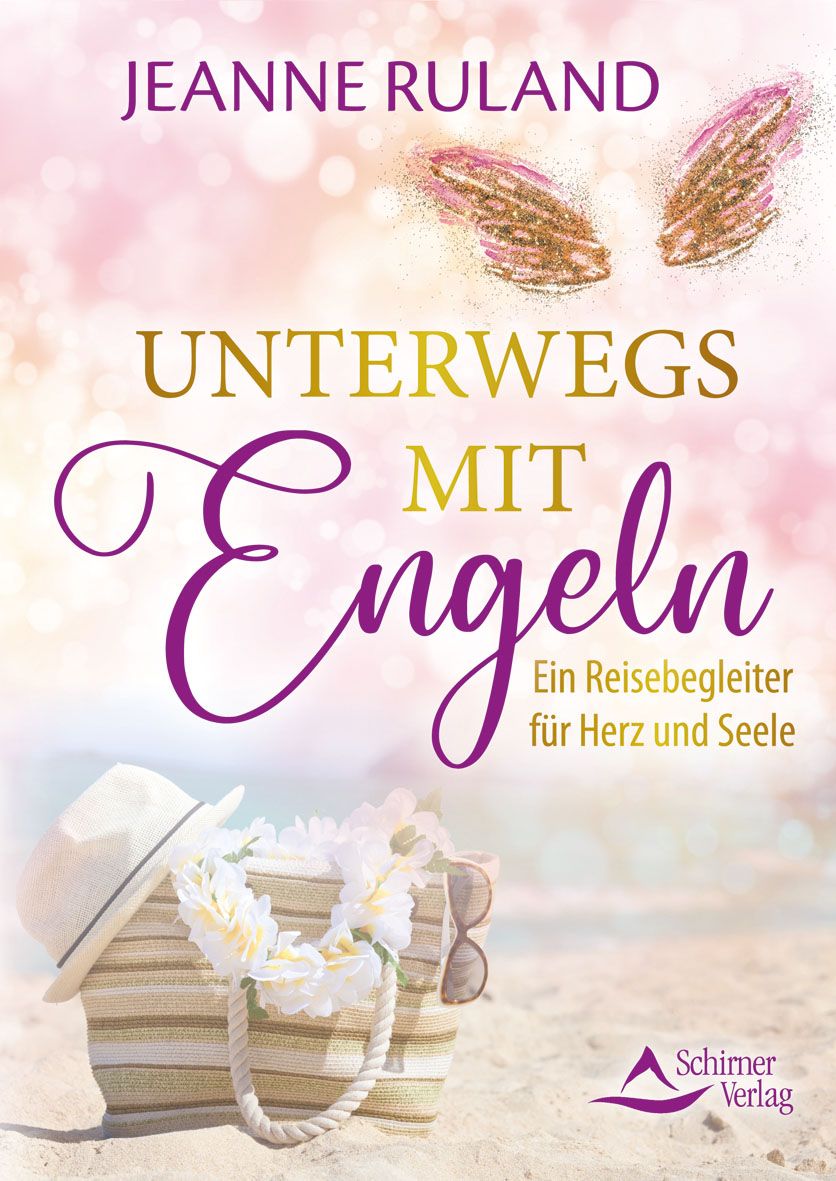 Buchcover mit Titel "Unterwegs mit Engeln". Autorin: Jeanne Ruland. Abgebildet sind Strandutensilien und Logo des Schirmer Verlags.