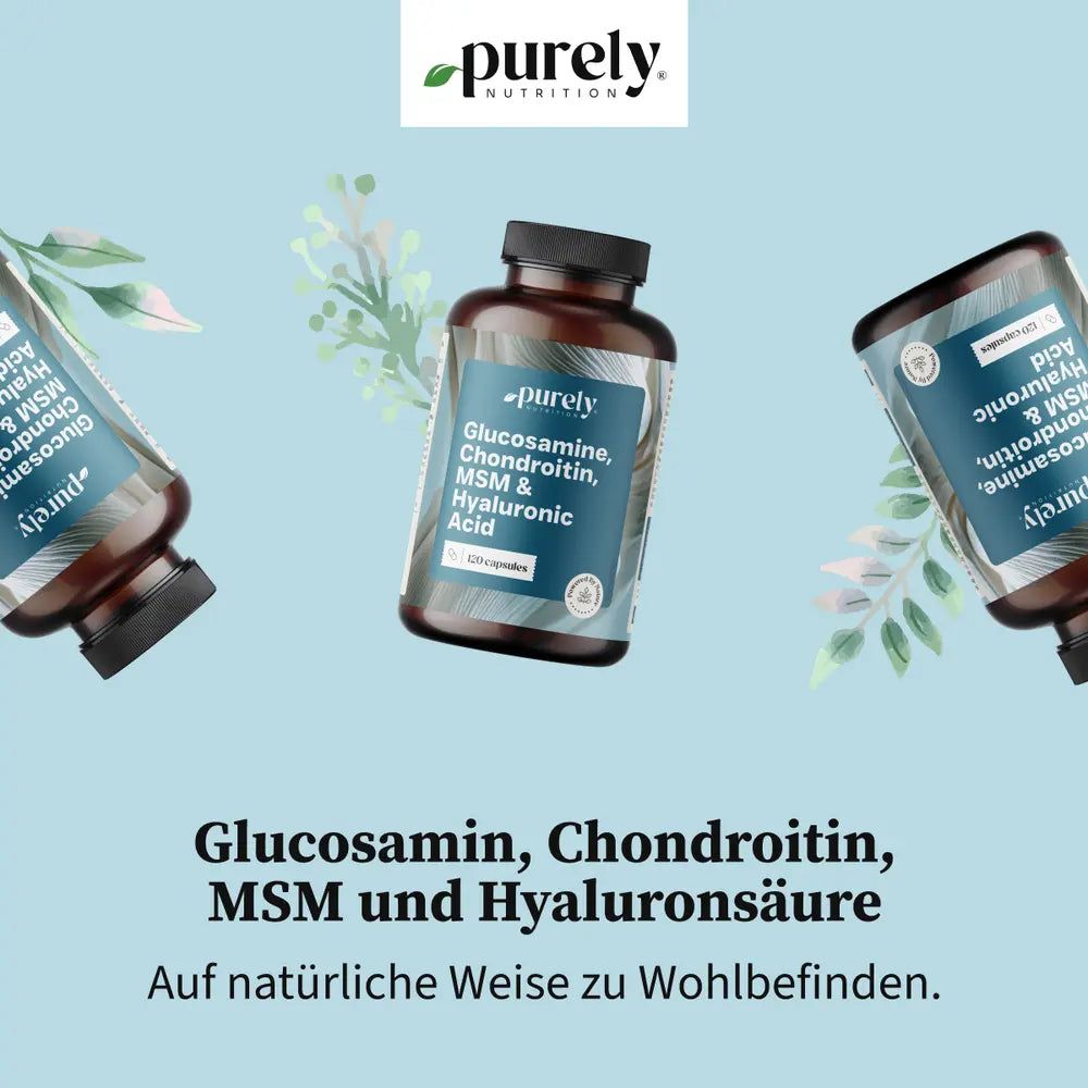 Drei Flaschen mit Kapseln. Aufschrift: Purely, Glucosamin, Chondroitin, MSM & Hyaluronsäure. Text: Auf natürliche Weise zu Wohlbefinden.