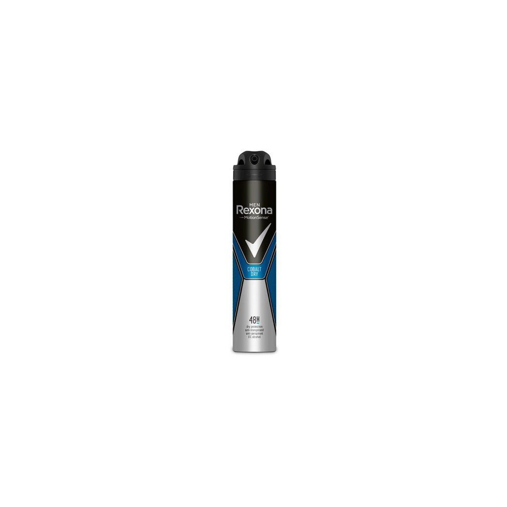 Deodorant-Spray von Rexona. Schwarze Kappe, blaue und silberne Details. Produktname: Cobalt Dry. 48h Schutz.
