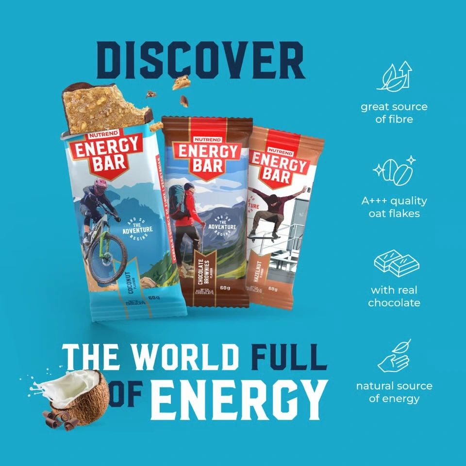 Nutrend Energy Bar Riegel in verschiedenen Geschmacksrichtungen.