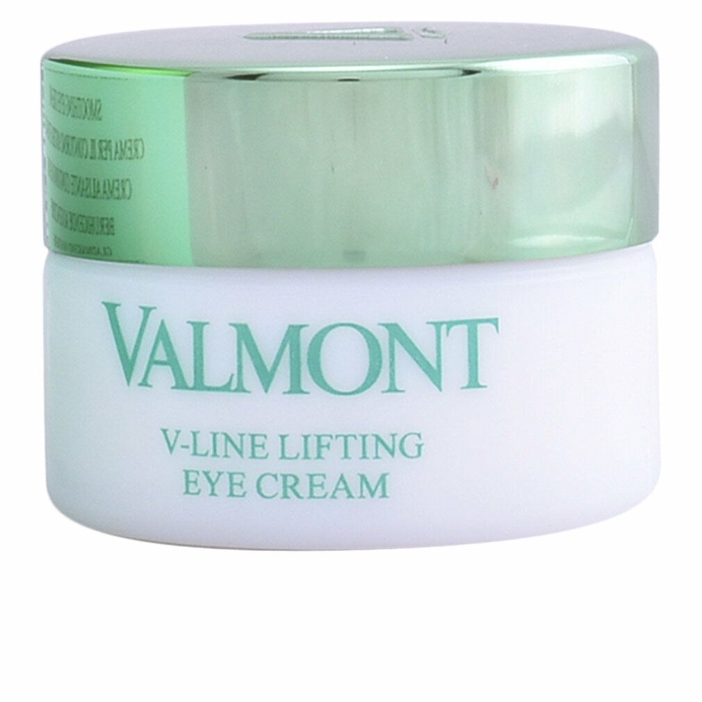 Valmont v-Line Lifting Eye Cream. Weißer Tiegel mit grünem Deckel. Schriftzug.