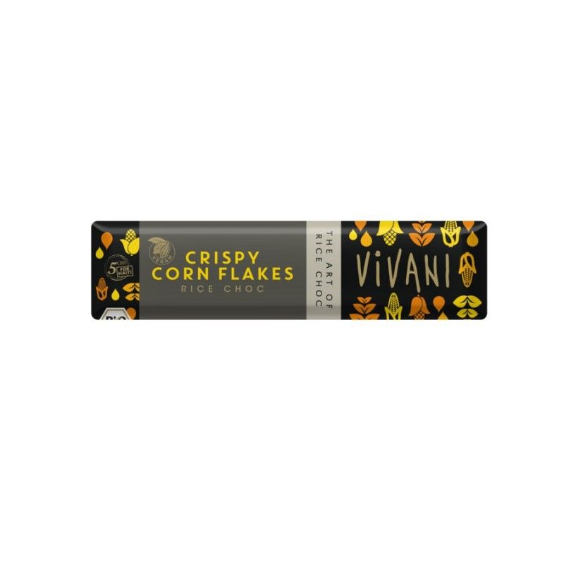 Riegel mit Aufschrift "Crispy Corn Flakes Rice Choc" und "Vivani". Verpackung mit gelben und braunen Elementen.
