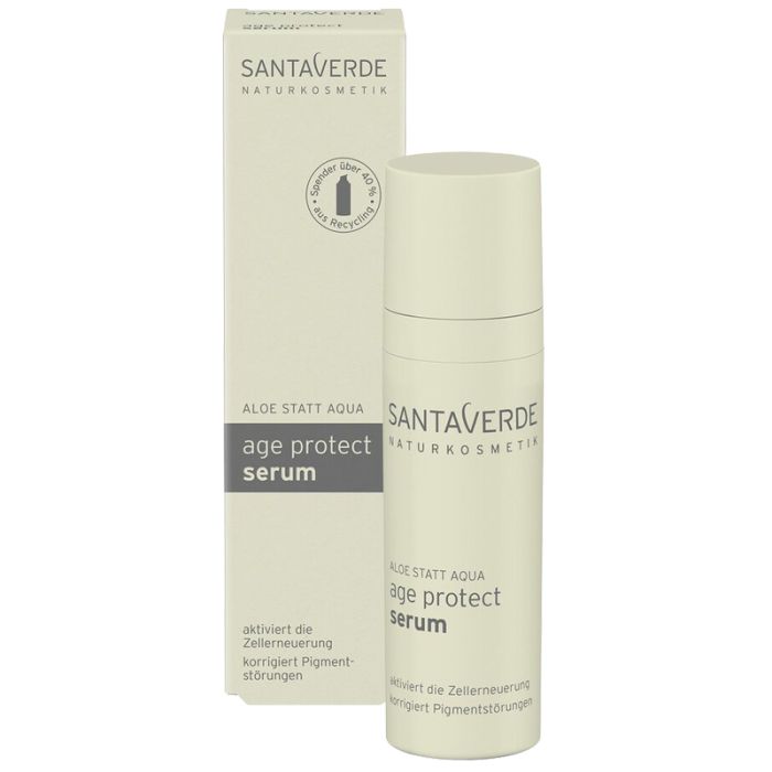 Weißes Serum SANTAVERDE age protect. Text: age protect serum. Flasche mit Pumpkopf.