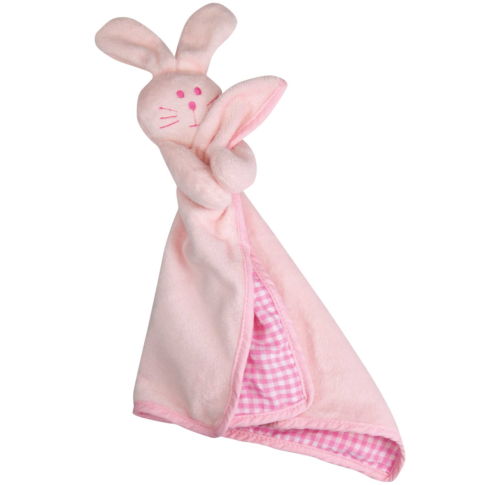 Rosa Babyplüsch-Kuscheltier Hase mit Ohren, Gesicht und kariertem Stoff. Mit kleiner Quietsche.