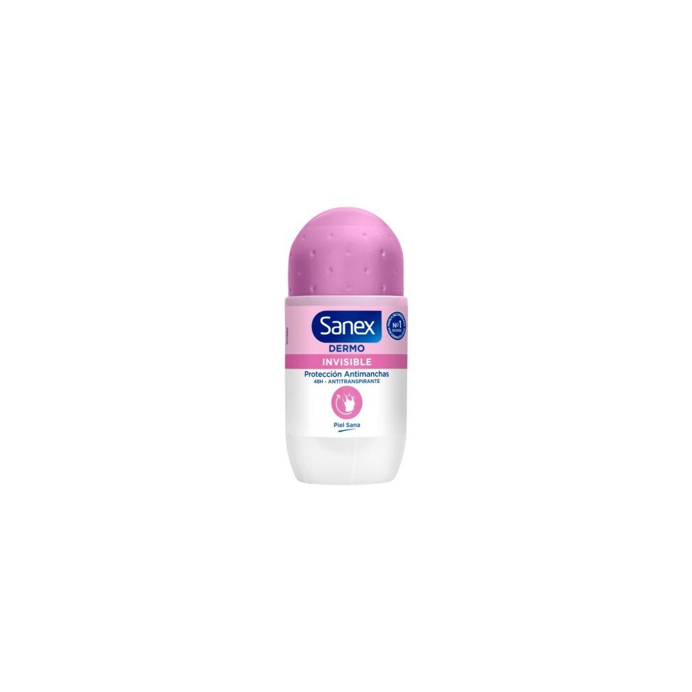 Roll-on-Deodorant mit rosa Kappe. Aufschrift Sanex, Dermo Invisible. Für sensible Haut. pH Balance.