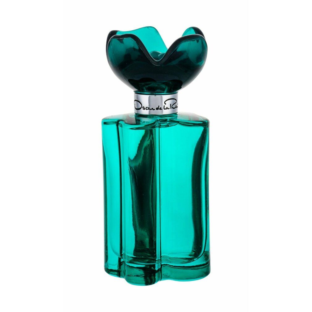 Grüne Flasche mit Blumendeckel. Auf dem Flaschenhals steht "Oscar de la Renta".