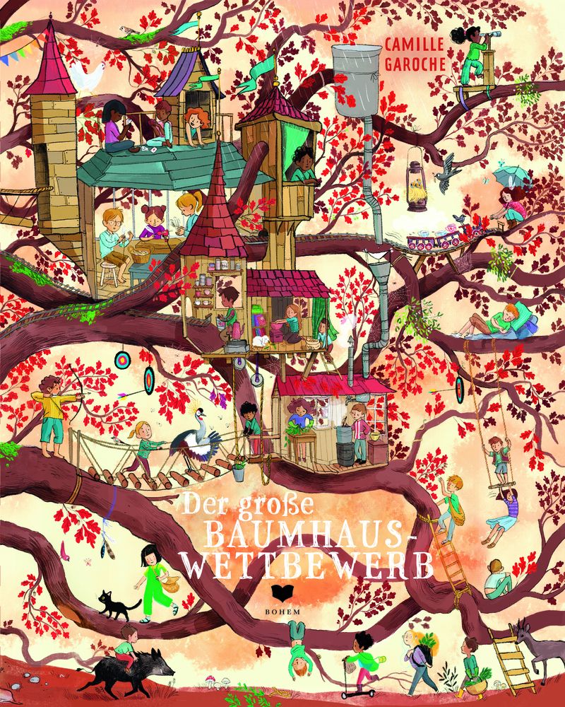 Buchcover: "Der große Baumhauswettbewerb". Illustration mit Kindern in Baumhäusern, auf Ästen. Titel und Autor sichtbar.