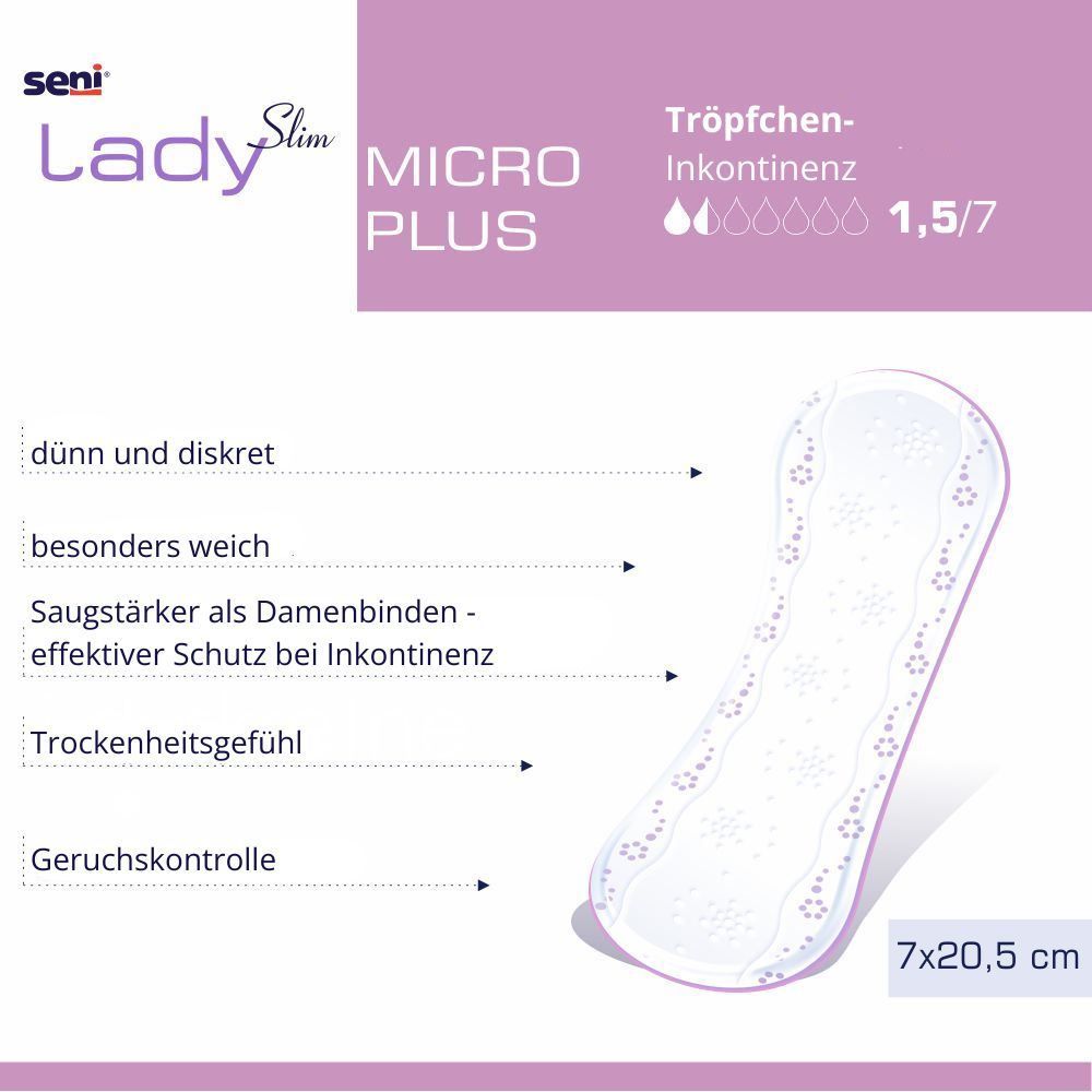 Eine einzelne Seni Lady Slim Micro Plus Einlage. Merkmale: dünn, diskret, weich, geruchskontrolle. Größe: 7x20,5 cm. Tropfen-Inkontinenz: 1,5/7.