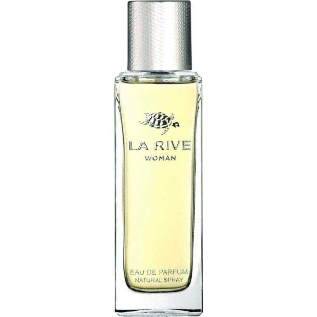 Flakon La Rive Woman, Eau de Parfum. Rechteckige Form, transparente Flüssigkeit, silberner Verschluss. Logo und Schriftzug.