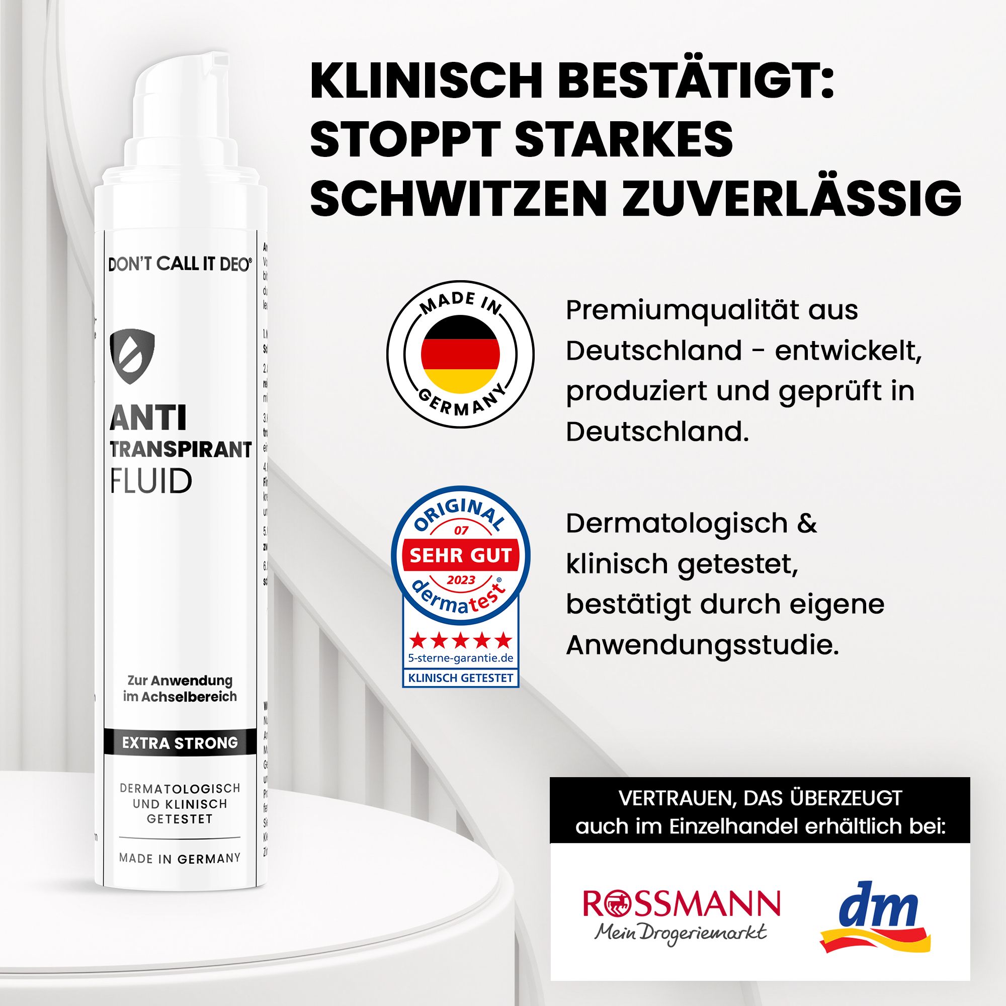 Weißes Fläschchen mit Aufschrift 'ANTI TRANSPIRANT FLUID'. Logo 'DERMATEST'. Text: 'MADE IN GERMANY'.