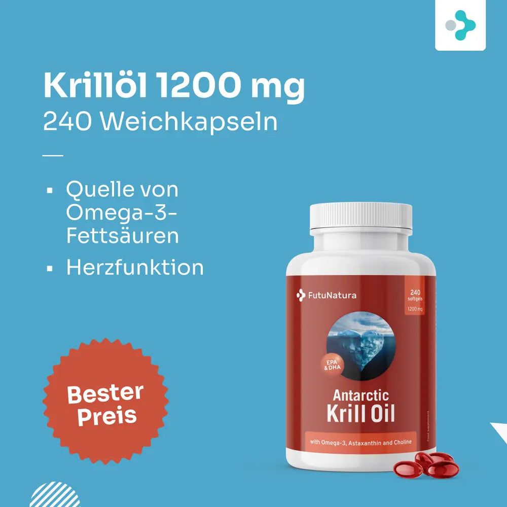 Flasche mit rotem Etikett und rote Weichkapseln. Aufschrift: Antarctic Krill Oil. Enthält Omega-3, Astaxanthin und Cholin. 240 Kapseln.