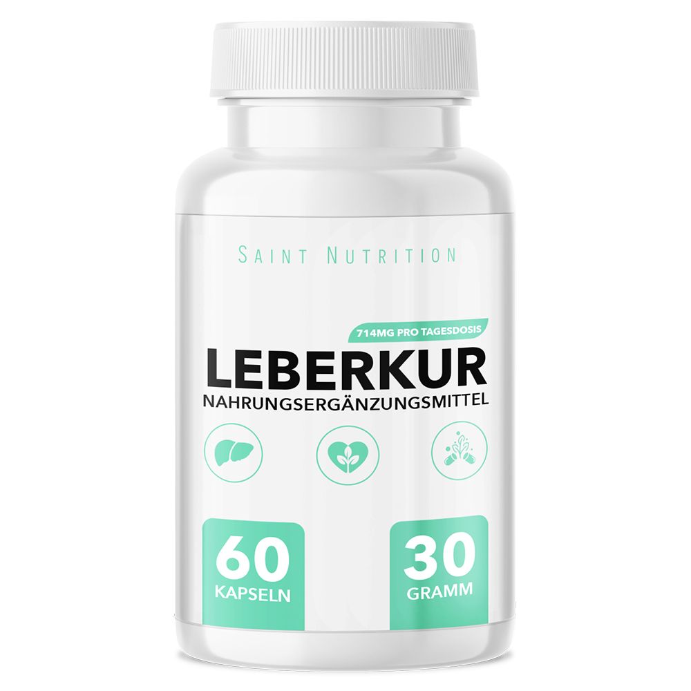 Weiße Flasche mit Kapseln. Aufschrift: Leberkur, Nahrungsergänzungsmittel. 60 Kapseln, 30 Gramm. Saint Nutrition Logo.