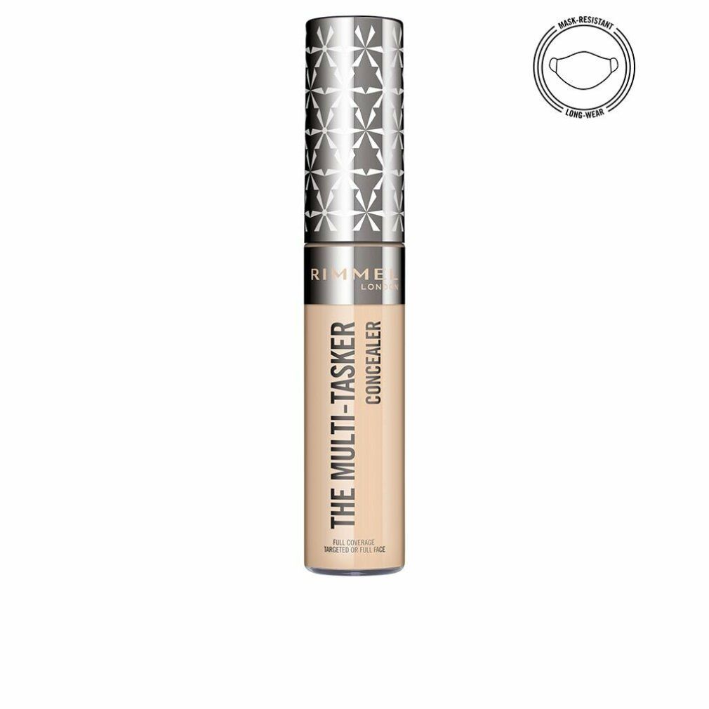 Concealer-Tube mit silberfarbenem Deckel. Aufschrift: Rimmel London, THE MULTI-TASKER CONCEALER, 020-Fair. Beige Farbe. Masken-resistent.