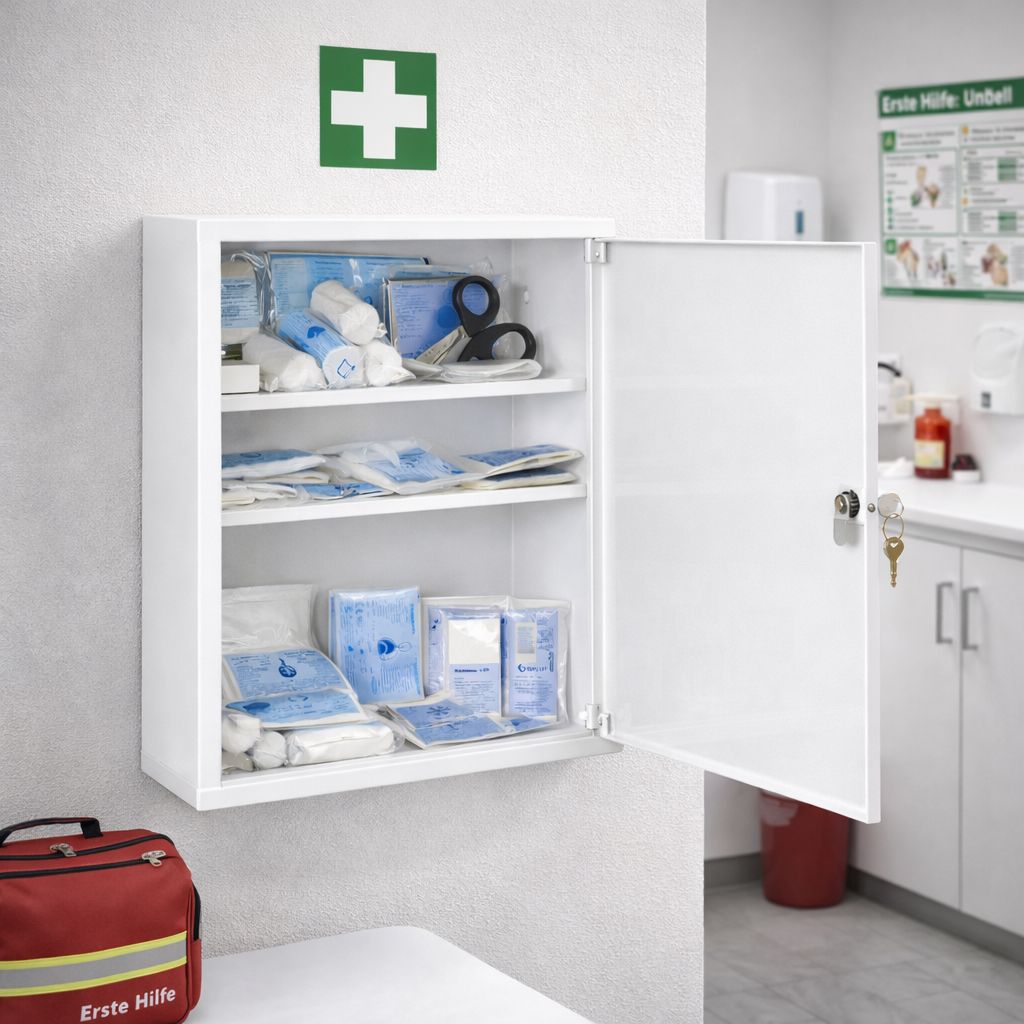Geöffneter Verbandschrank an Wand. Inhalt: Verbandsmaterial, Instrumente. Roter Erste-Hilfe-Koffer.