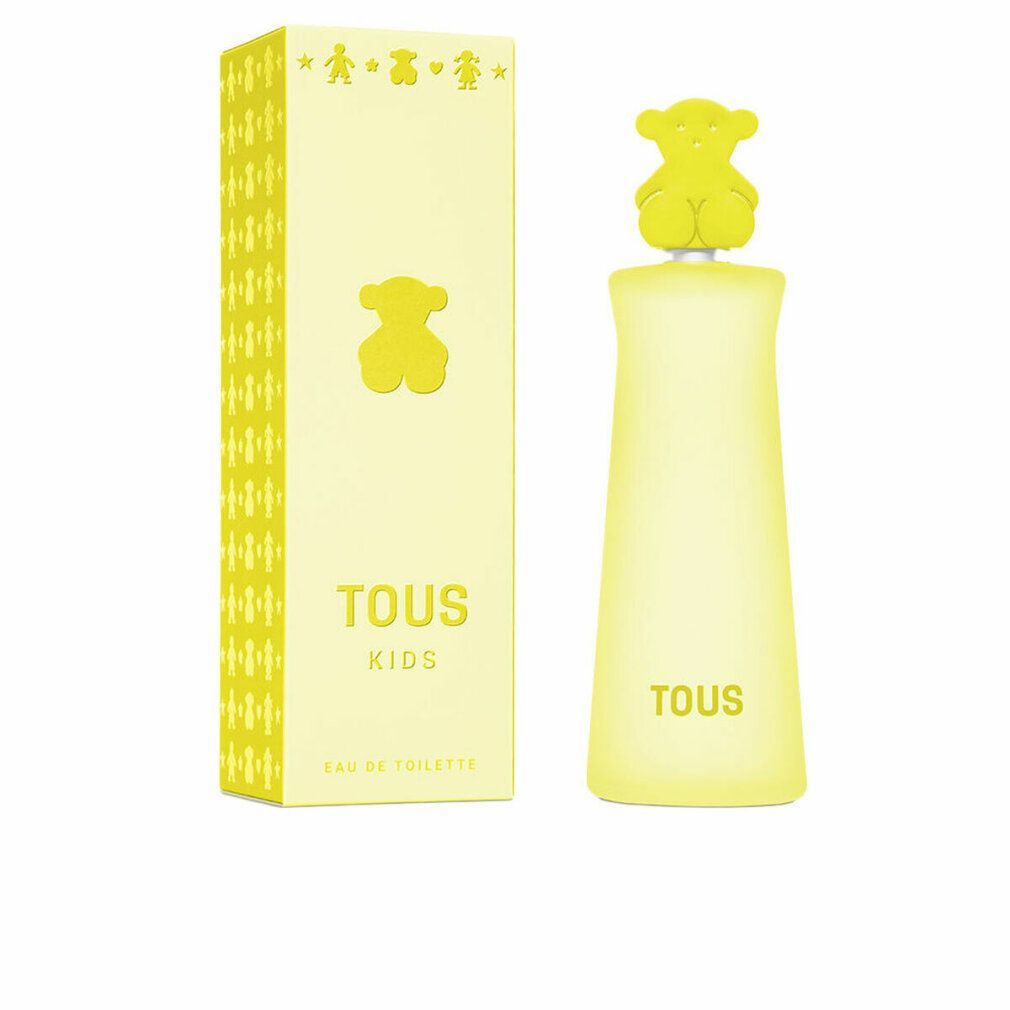 Gelbes Parfumflakon und Verpackung. Aufschrift: TOUS KIDS. Verpackung mit Bären-Motiven. Eau de Toilette.