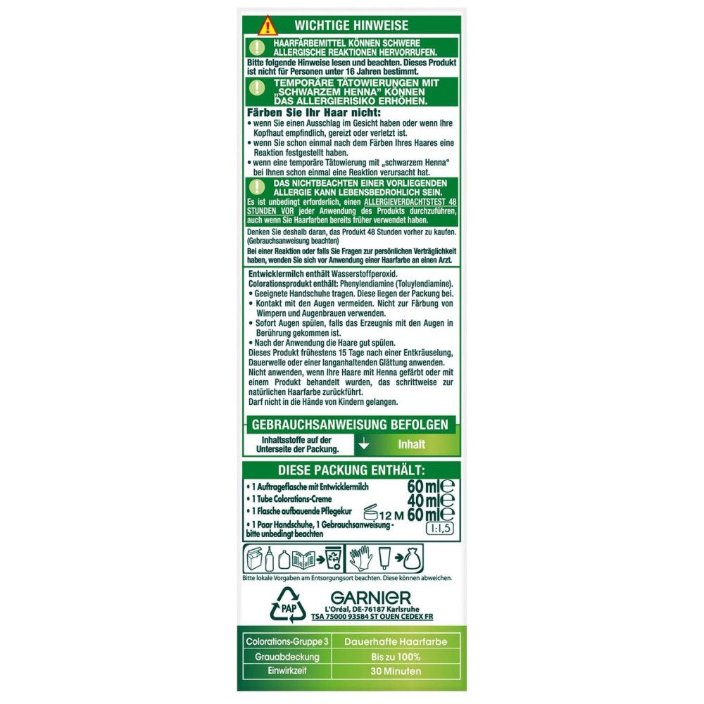 Rückseite der Haarfarben-Packung. Wichtige Hinweise und Gebrauchsanweisung. Enthält 60ml Entwickler, 40ml Creme, Handschuhe.