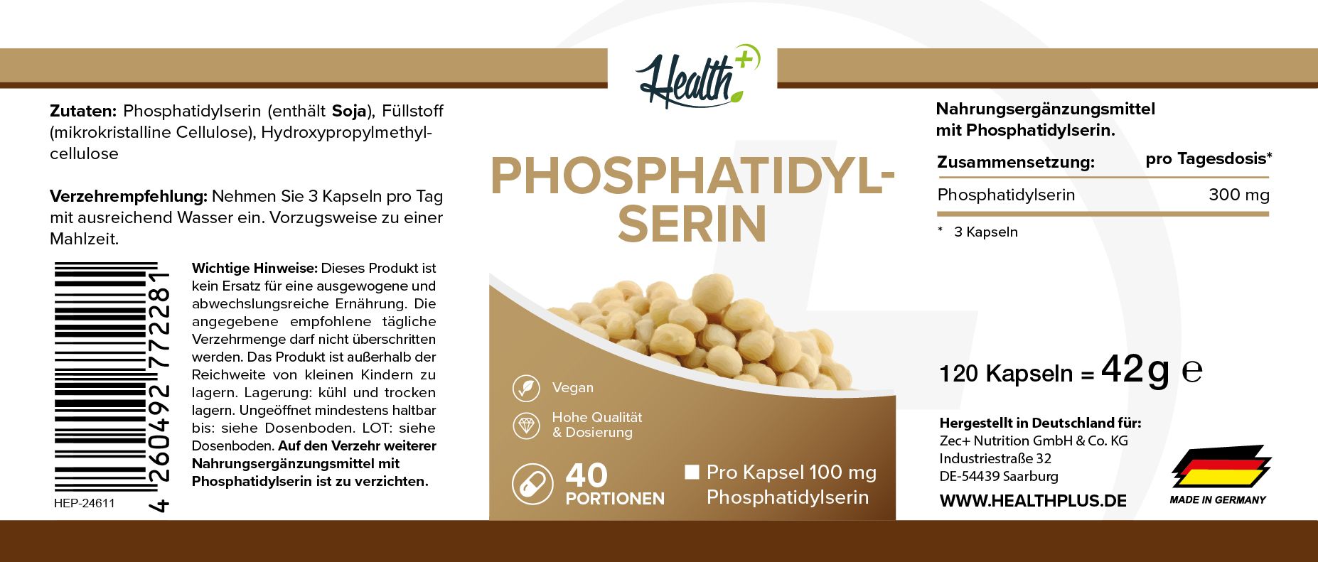 HEALTH+ Phosphatidylserin Behälter: Etikett mit Produktname, 120 Kapseln, 42g, vegan, hohe Qualität und Dosierung.