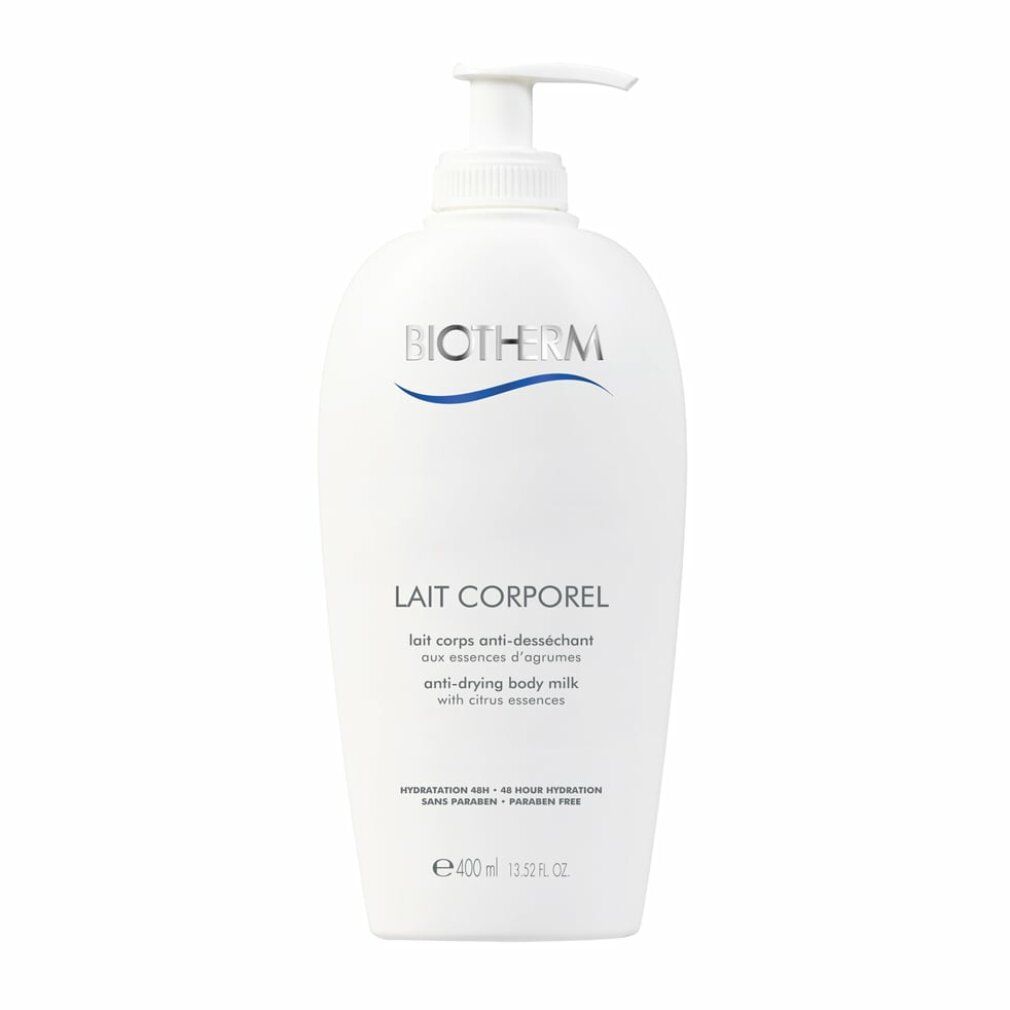 Weiße Flasche mit Pumpe. Aufschrift: Biotherm, Lait Corporel. 400ml.