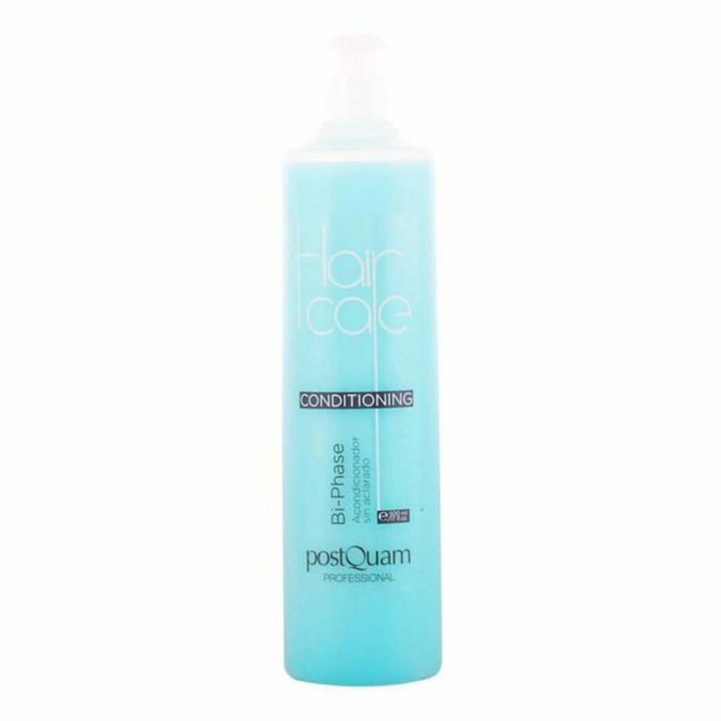 Türkisblaue Flasche mit weißem Deckel. Aufschrift: Hair Care, Conditioning, Bi-Phase, Postquam Professional.