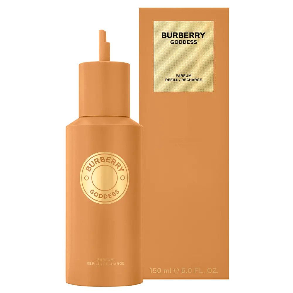 Beige Nachfüllflasche und Verpackung. Goldfarbenes Burberry Goddess Logo. Verpackung mit Text. 150 ml / 5.0 FL. OZ.