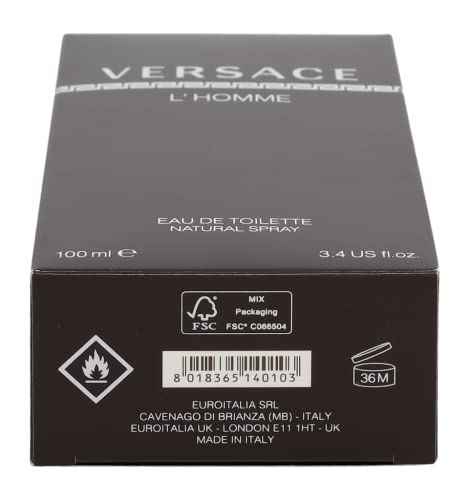 Rückseite der Versace L'Homme Verpackung. Enthält Informationen, Logos und Barcode. FSC-Zertifizierung.