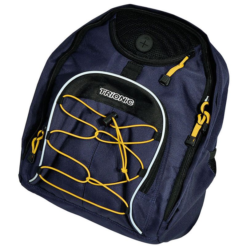 Blauer Rucksack mit gelben Akzenten. Schwarzes Netzfach oben. Weißer Kontrast, gelbe Kordel. "TRIONIC"-Logo.