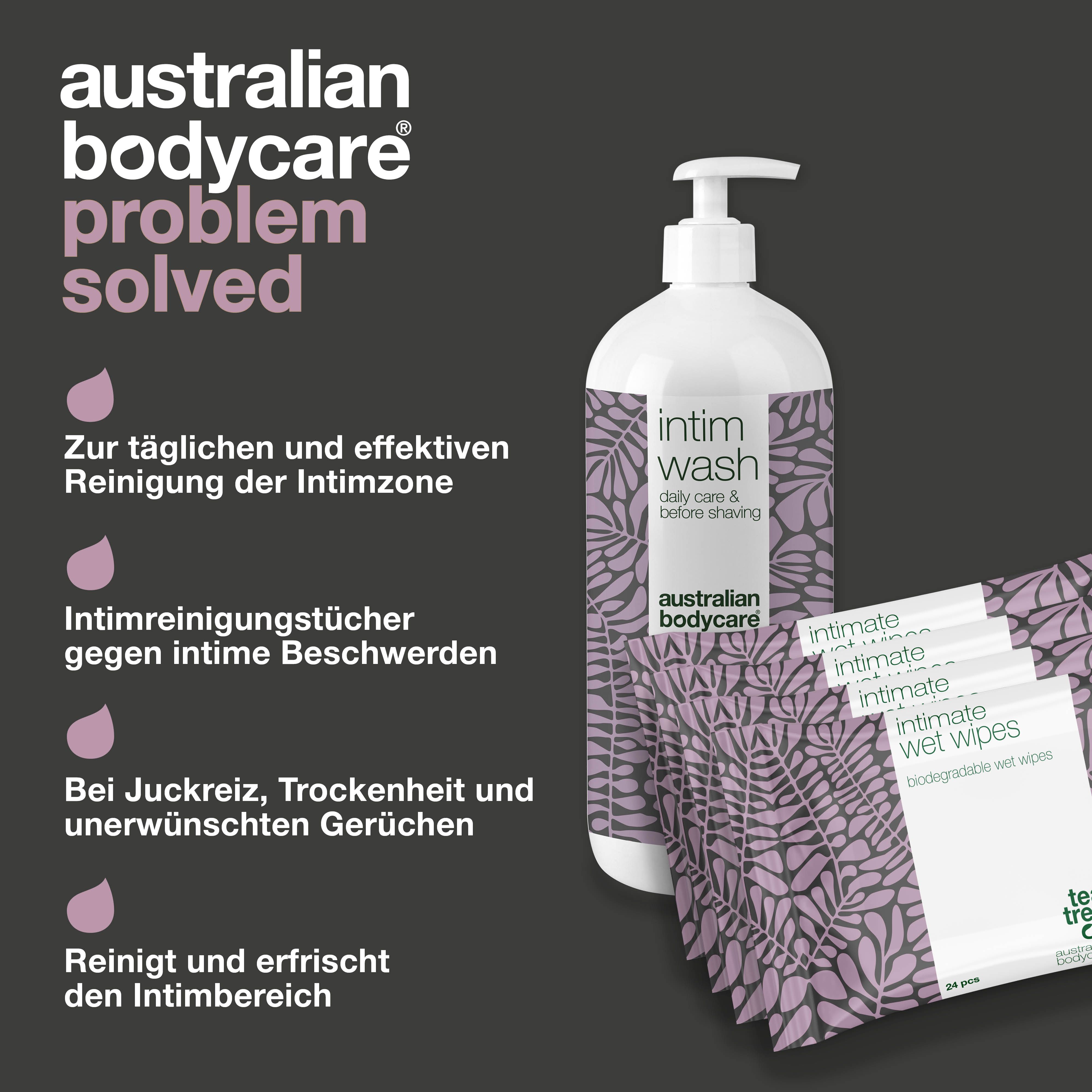 Problem gelöst. Intimwaschmittel und Feuchttücher. Lila Hintergrund. Australian Bodycare.