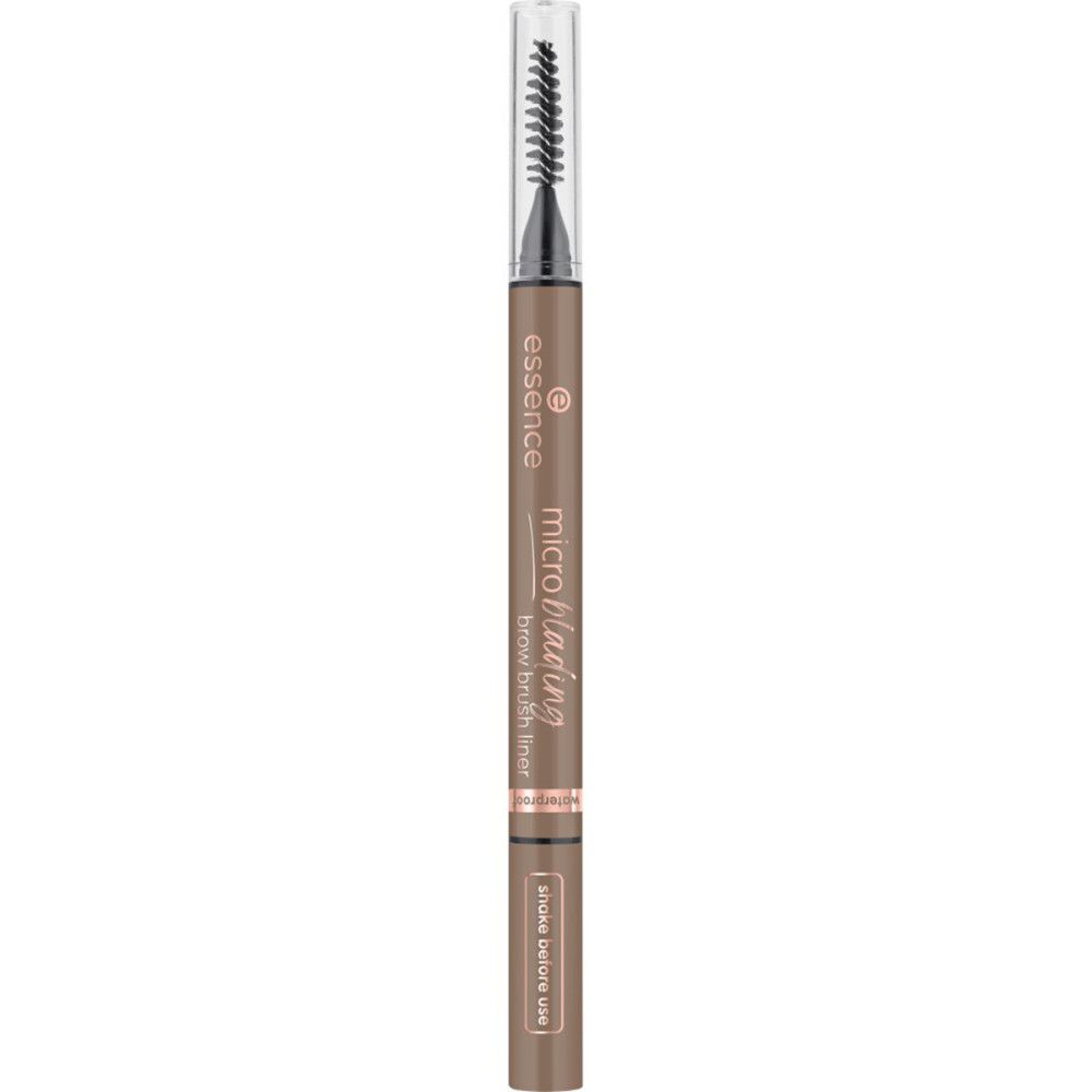 Doppelstift. Eine Seite: Microblading Augenbrauenstift. Andere Seite: Bürste. Marke: Essence. Text: Shake before use.