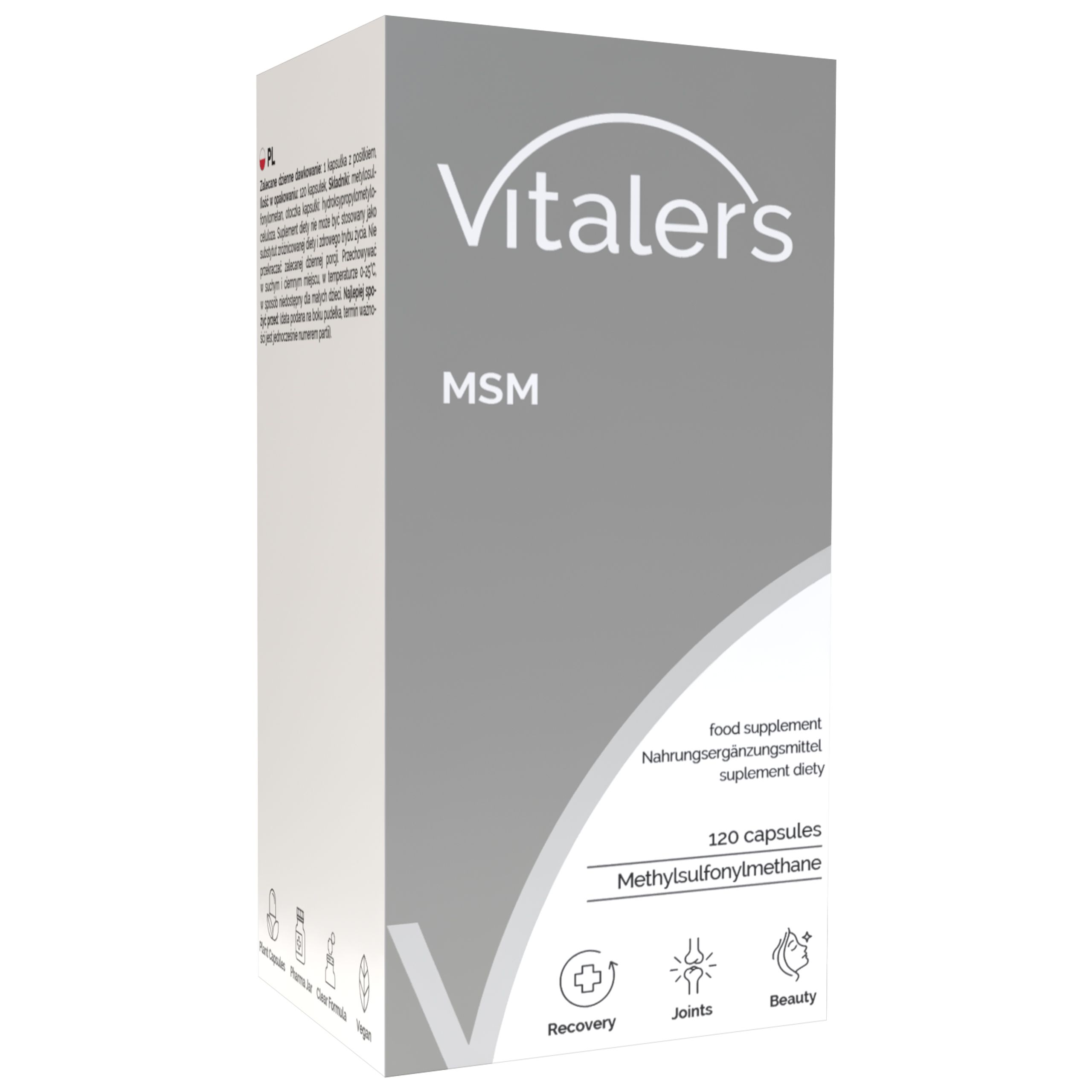 Verpackung von Vitaler's MSM Kapseln, Vorderseite mit Produktnamen und Icons.