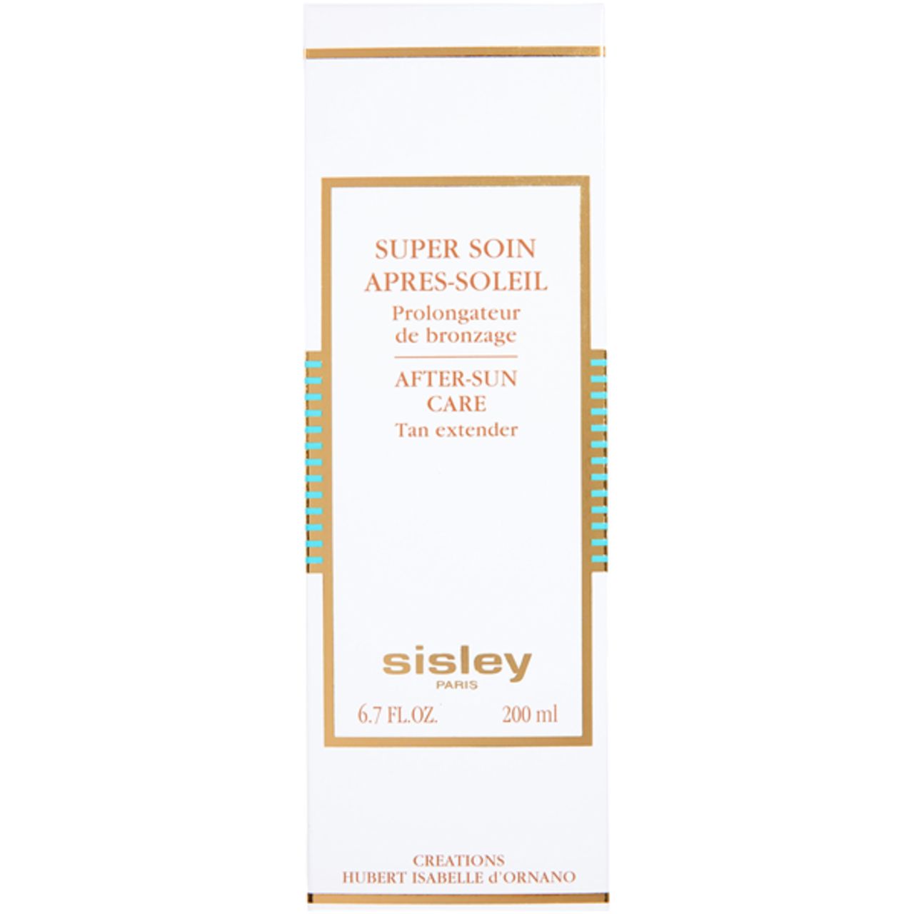 Weiße Verpackung mit goldfarbenem Rahmen. Text: SUPER SOIN APRÈS-SOLEIL, AFTER-SUN CARE, Sisley Paris. 6.7 FL.OZ. 200 ml.