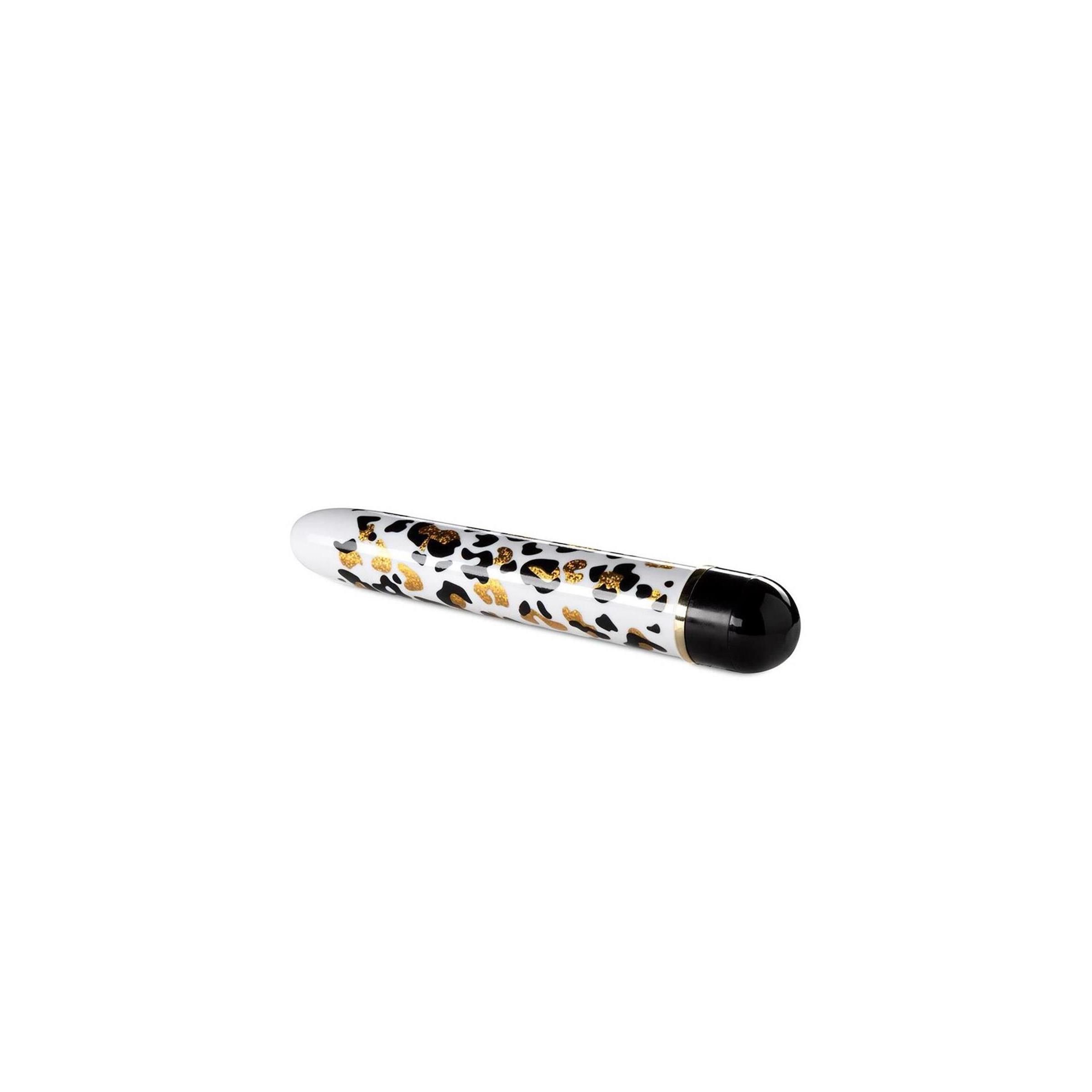 Vibrator mit Leopardenmuster, schwarzem Ende. Weißer Hintergrund. Zylindrische Form.