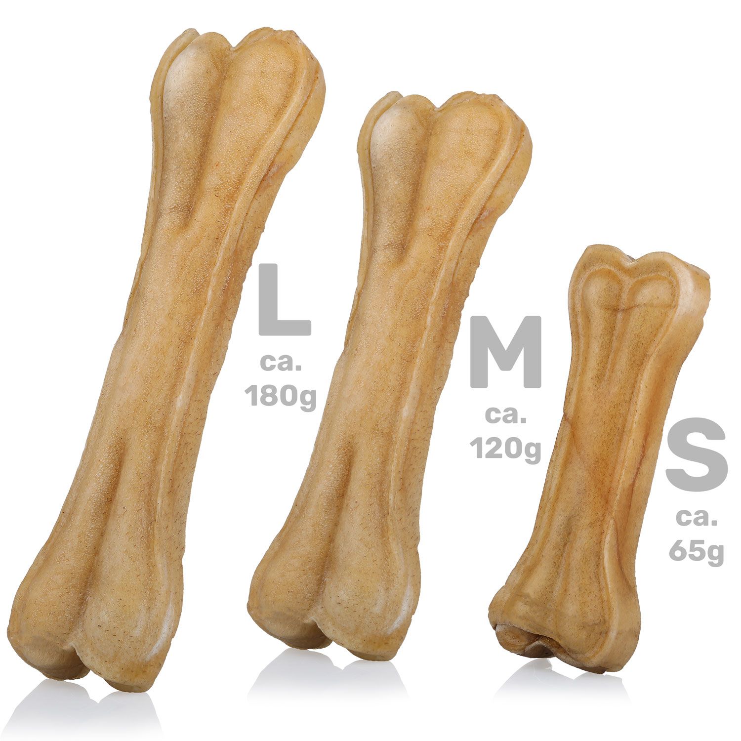 Drei Kauknochen in verschiedenen Größen: L (ca. 180g), M (ca. 120g), S (ca. 65g).