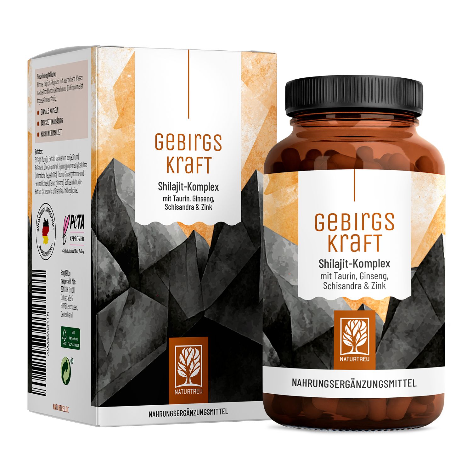 Braune Glasflasche und Karton mit Produktaufschrift GEBIRGSKRAFT. Enthält Shilajit-Komplex mit Taurin, Ginseng, Schisandra & Zink. PETA-Logo.