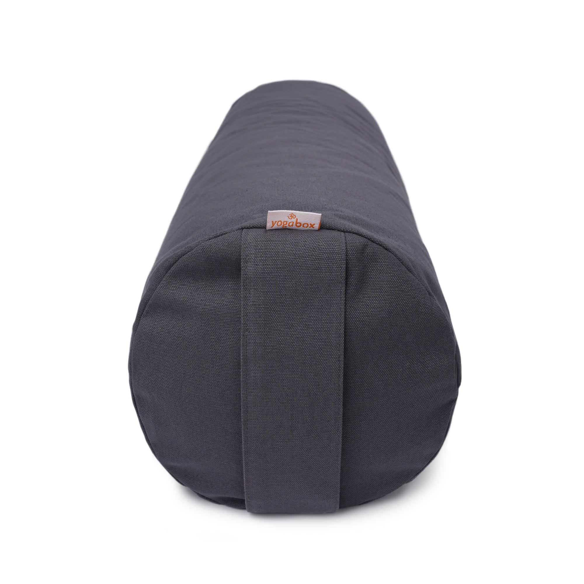 Vorderansicht einer grauen Yogarolle mit einem orangefarbenen Etikett mit dem Logo 'yogabox'.