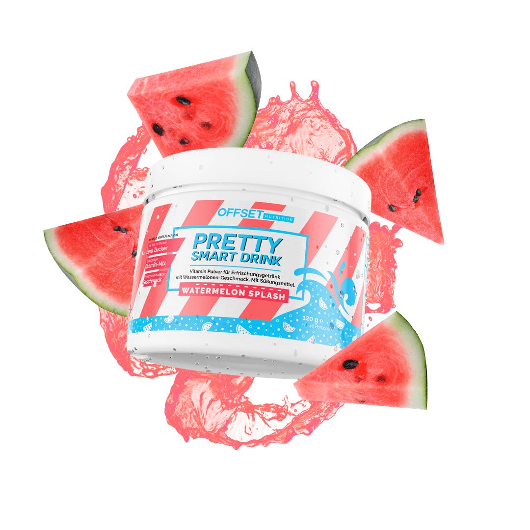 Behälter mit "OFFSET Pretty Smart Drink Watermelon Splash"-Etikett, umgeben von Wassermelonenstücken und Spritzern.