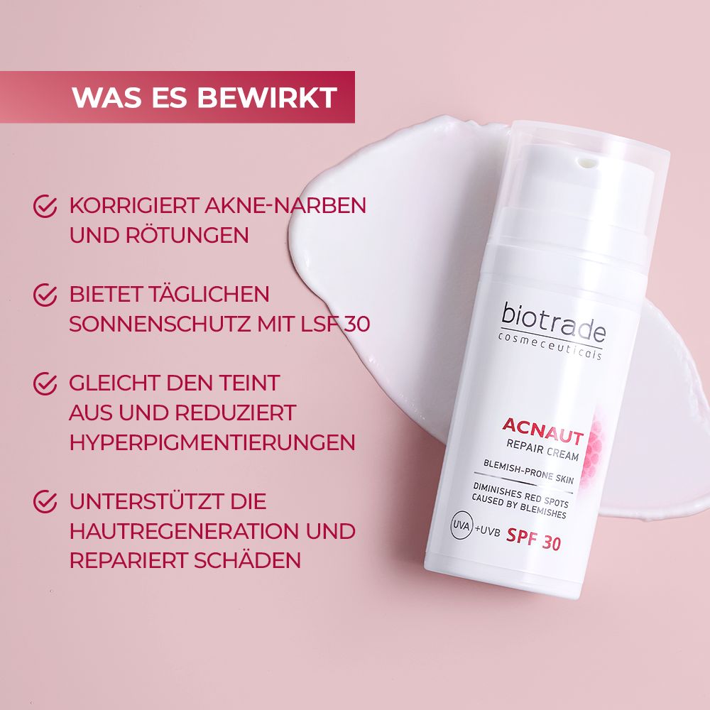Produkt-Tube mit Text. Text: Biotrade, Acnaut Repair Cream, SPF 30. Aufzählung von Vorteilen.