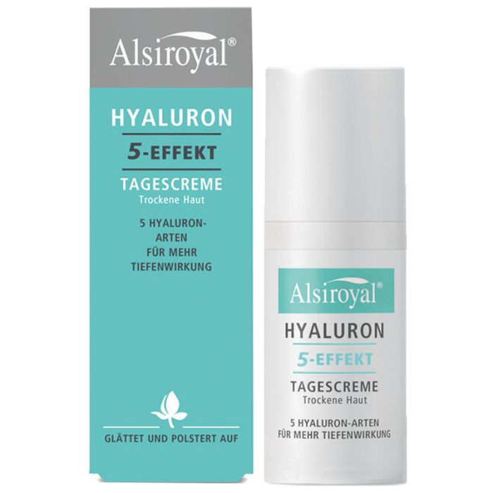 Creme-Flakon und Schachtel. Aufschrift: Alsiroyal Hyaluron 5-Effekt Tagescreme. Für trockene Haut. 5 Hyaluron-Arten für mehr Tiefenwirkung.