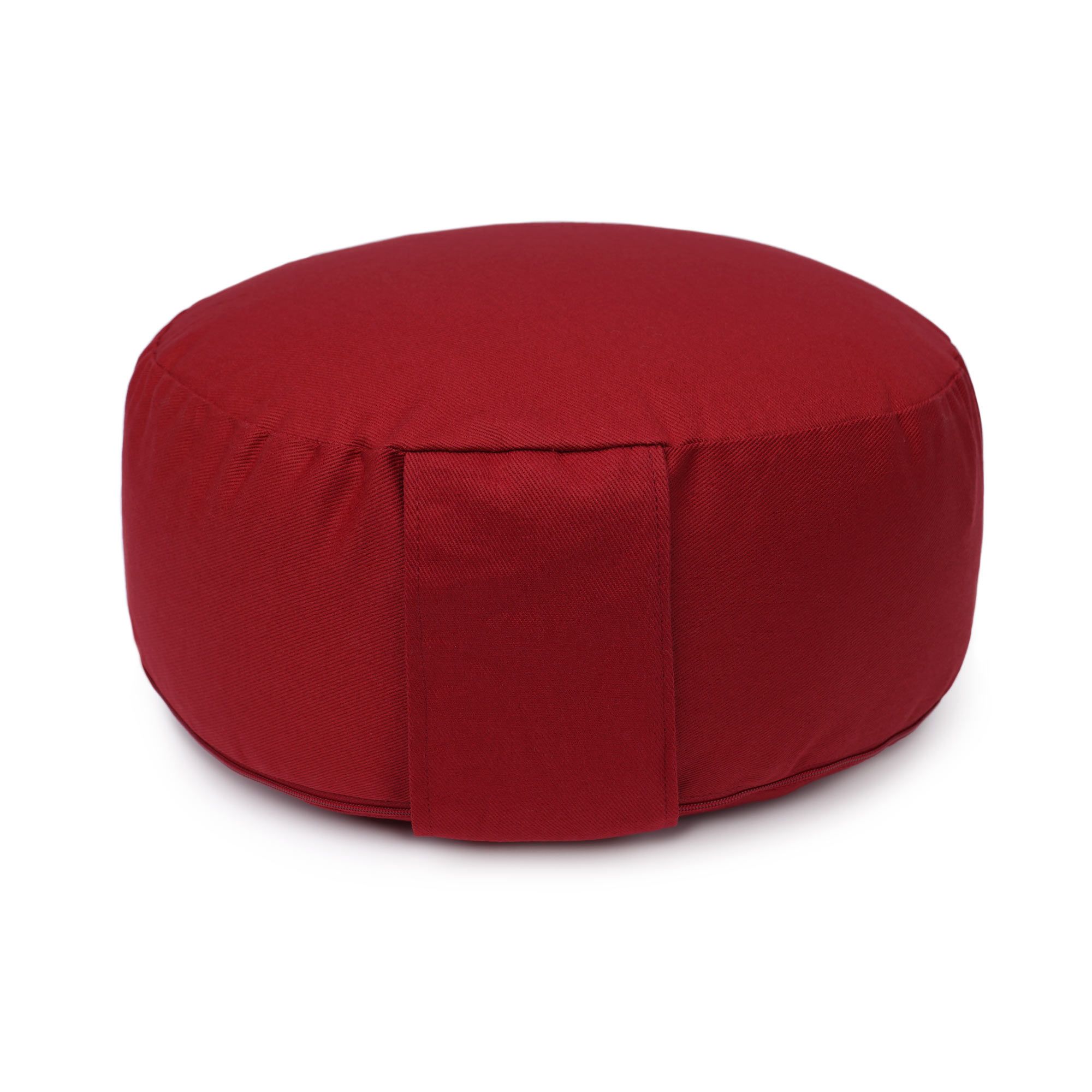 Rundes bordeauxrotes Yogakissen mit Griffschlaufe.