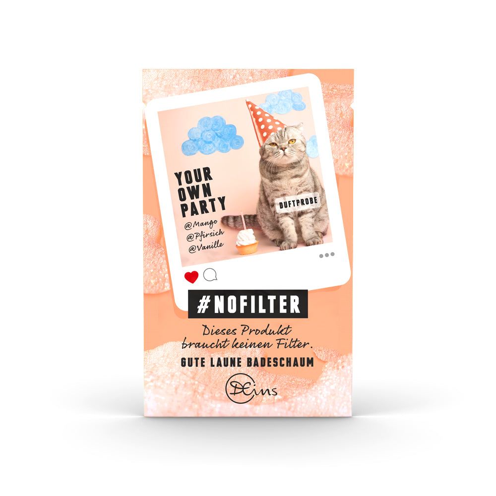 Verpackung mit Katze in Party-Szene. Text: #NOFILTER, GUTE LAUNE BADESCHAUM, Deins. Produkt-Logo.
