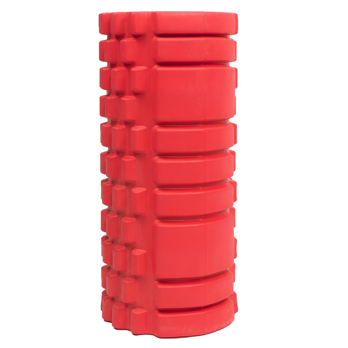 Roter Massageroller aus Schaumstoff. Zylindrische Form mit horizontalen und quadratischen Erhebungen. Ohne Spikes.